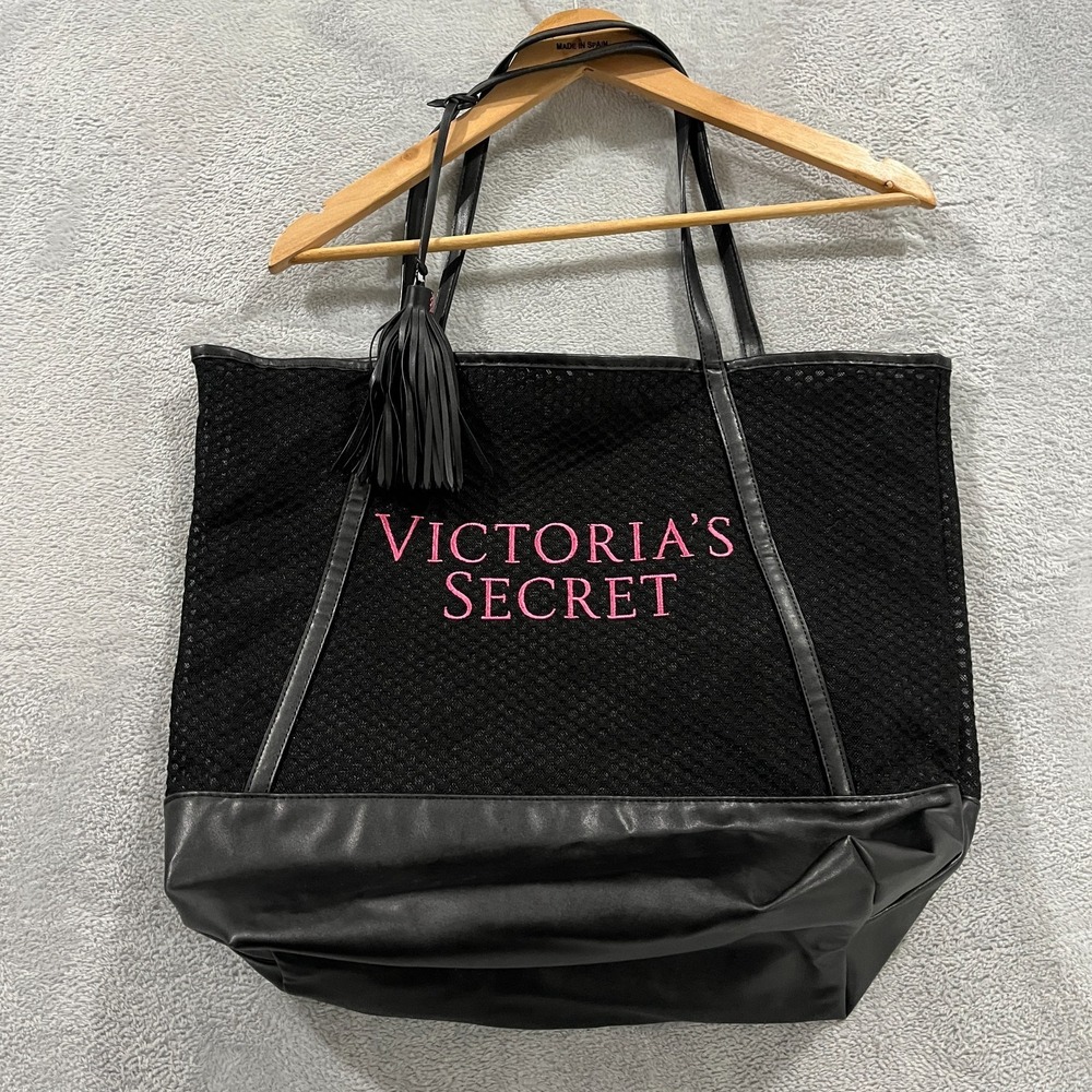 Victorias Secret Black Pink Embroidered Mesh Open Top Shoulder Straps Tote Large